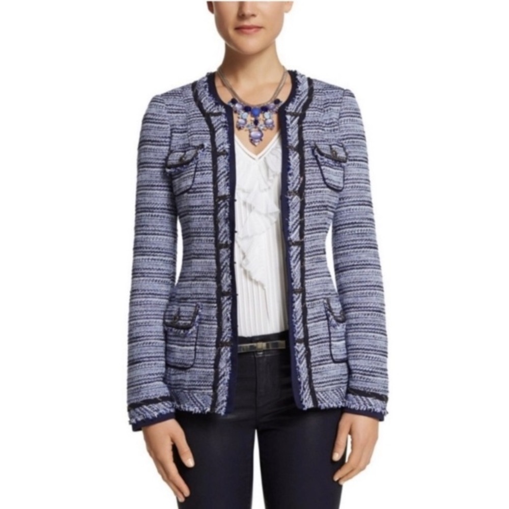 WHBM White House Black Market Blue Tweed Blazer Coat 2 classic elegant embellish